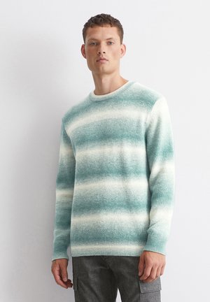 Crewneck-Pullover im Teal- und Weiß-Ombre-Muster, weiche Textur, lange Ärmel, gerippte Bündchen und Saum. Minimales Design, klassische Passform.