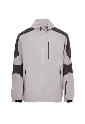 Hellgraue Jacke mit schwarzen Akzenten, ausgestattet mit einer Kapuze, einem Frontreißverschluss und mehreren Reißverschlusstaschen. Glatte Textur und sportliches Design.