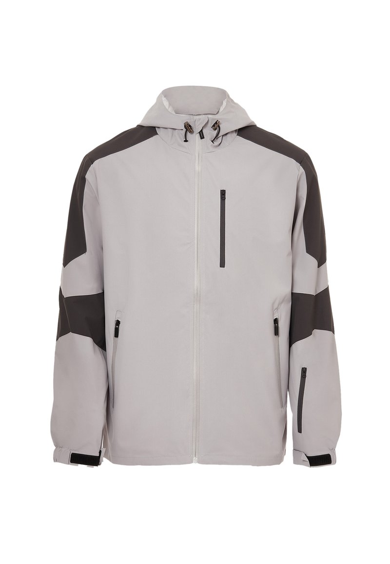 Light grey jacket with black accents, featuring a hood, front zipper, and multiple zippered pockets. Smooth texture and sporty design.