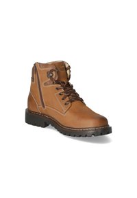 Bota de tobillo de cuero marrón con diseño de cordones, cuello acolchado, cremallera lateral y suela de goma resistente. Presenta detalles de costura en contraste.