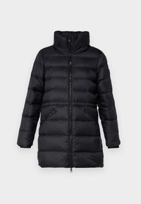 Black puffer jacket with a high collar, zippered front, and side pockets. Features a quilted design with a smooth texture.