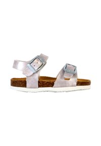 Sandale pour enfant avec deux brides ajustables à boucles argentées, semelle intérieure en liège et semelle blanche, vue de profil sur fond blanc.