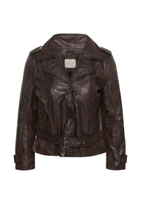 Veste de motard en cuir marron foncé avec larges revers, taille ceinturée, manches longues et épaulettes aux épaules.