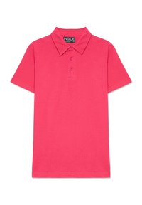 Polo de manga corta en algodón de color rosa brillante. Presenta un cuello con solapa y una tapeta de tres botones. Sin patrones ni detalles adicionales.