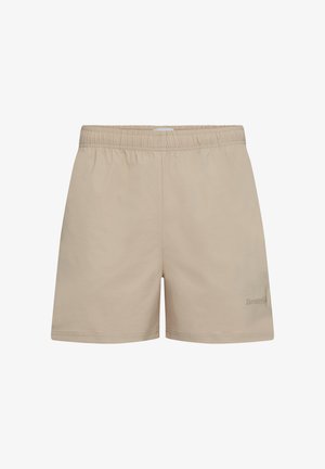 Shorts beige fabricados con material ligero. Cuentan con una waistband elástica y un sutil detalle de logo en el costado. Textura suave, ajuste estándar.