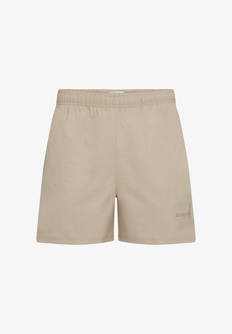 Beige shorts valmistatud kergest materjalist. Omavad elastset vöökohta ja diskreetset logo detaili küljel. Sile tekstuur, tavaline lõige.