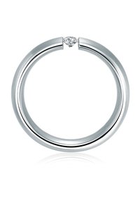 Inel din argint cu o finisare netedă și lustruită, având un diamant rotund la centru, unde banda se deschide ușor.