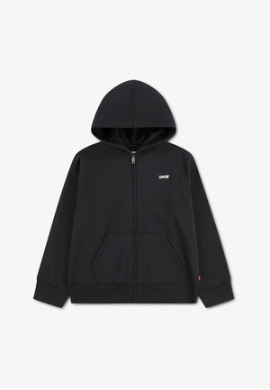 Schwarzer Kapuzenpullover mit Reißverschluss, Fronttaschen und kleinem weißen Levi's-Logo auf der linken Brust, vor weißem Hintergrund dargestellt.