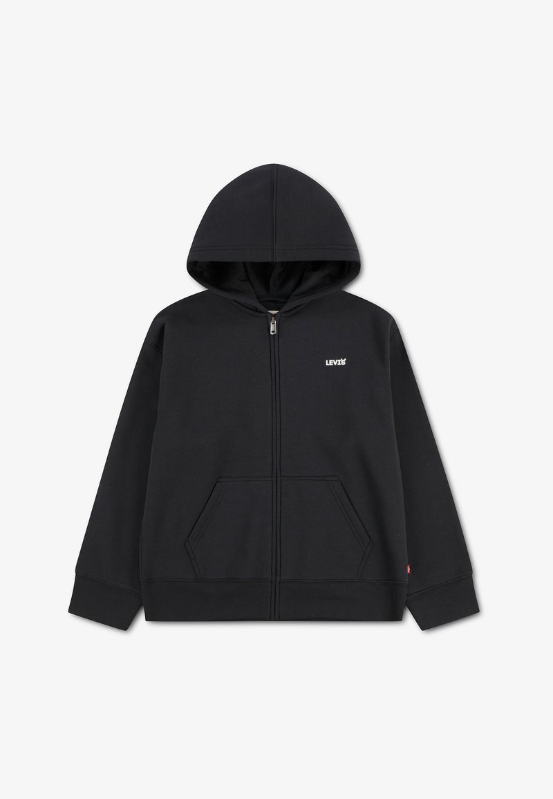 Sweat à capuche noir zippé avec poches devant et petit logo Levi's blanc sur la poitrine gauche, présenté sur fond blanc.