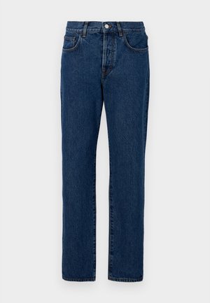 Jeans aus Denim in Dunkelblau, mit einem klassischen geraden Schnitt, fünf Taschen und sichtbaren Nähten. Der Stoff hat eine leichte Struktur.