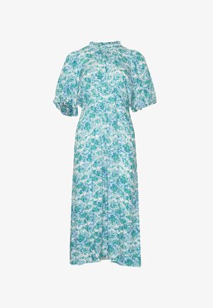 Svijetloplava i zelena cvjetna midi haljina s naboranim kratkim rukavima i visokim naboranim ovratnikom.