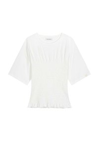 Top bianco a maniche corte con texture smock sul punto vita e orlo arricciato. Realizzato in tessuto morbido, presenta un collo rotondo e un'etichetta.