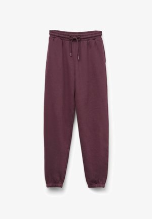 Pantalones de chándal burdeos con cintura elástica y cordón, con puños ajustados y una textura suave y lisa.