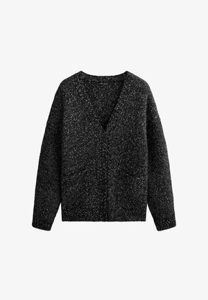 Črn, teksturiran kardigan z V-izrezom, dolgimi rokavi in dvema sprednjima žepoma. Ima pet črnih gumbov spredaj.