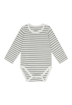 Baby-Body mit langen Ärmeln, grau-weißen horizontalen Streifen und Druckknöpfen an Schulter und Schritt vor weißem Hintergrund.