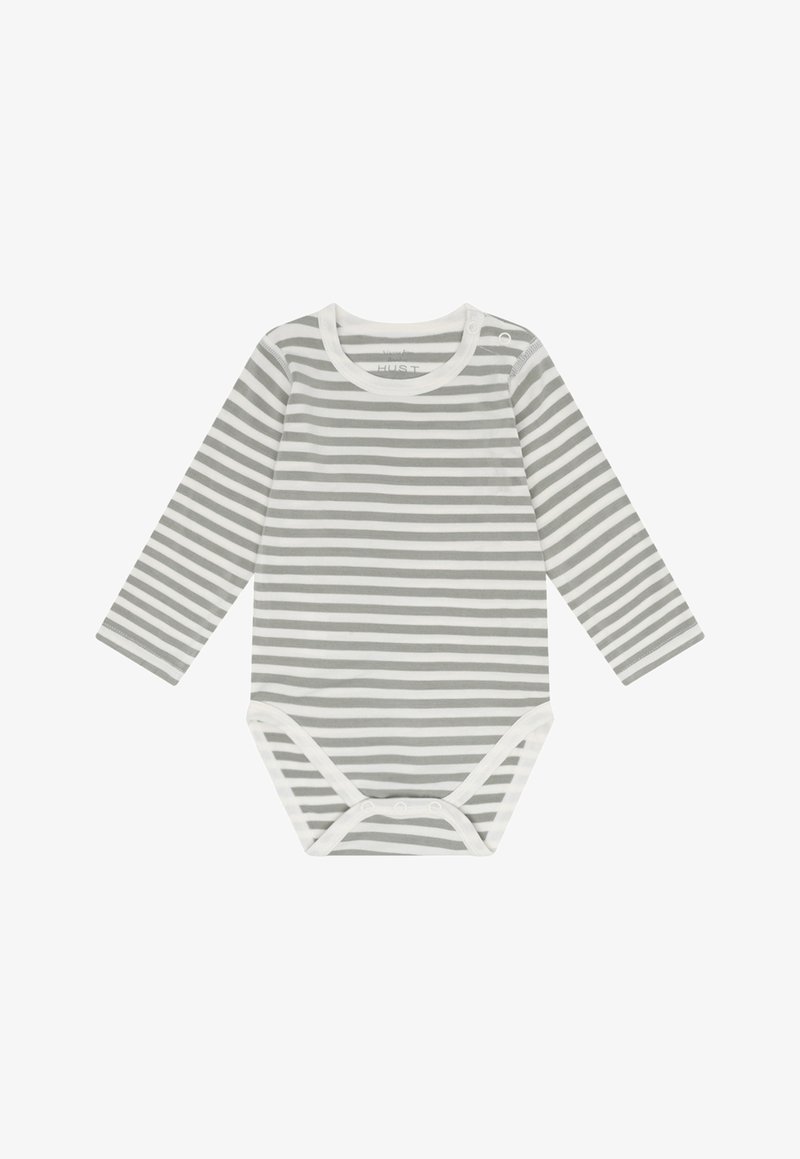 Body bébé à manches longues avec rayures horizontales grises et blanches, équipé de boutons-pression sur l'épaule et à l'entrejambe, sur fond blanc.