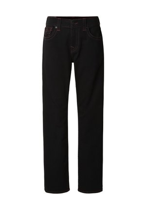 Jeans neri in denim, con taglio dritto, cuciture a contrasto e cinque tasche. La vita è chiusa con un bottone.