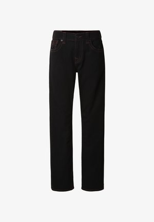 Mustad teksad, mis on valmistatud denimist, sirge lõikega, kontrastse õmblusega ja viie taskuga. Vöökoht on kinnitatud nööbiga.