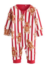 Czerwono-biały pasiasty kombinezon z motywem piernikowych ludzików. Wykonany z miękkiej tkaniny, posiada długie rękawy oraz przedni suwak ułatwiający ubieranie.