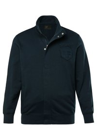 Felpa giacca blu scuro con collo alto, chiusura con zip, polsini a coste e toppa testurizzata con la scritta "Aviation" e "Dayton, U.S. Ohio."