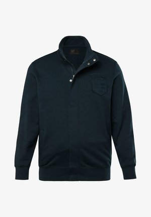 Ciemnogranatowa bluza z wysokim kołnierzem, zamkiem błyskawicznym, prążkowanymi mankietami i teksturowaną łatką z napisem "Aviation" oraz "Dayton, U.S. Ohio".