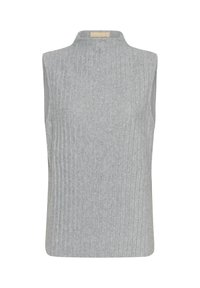 Gilet sans manches en tricot gris clair avec un col montant et un motif côtelé vertical.