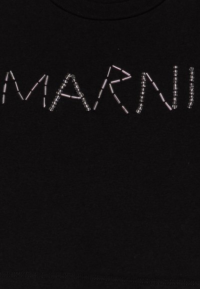 Black cotton t-shirt featuring the word "MARNI" in silver bead and metallic piping embellishments, creating a textured visual effect.