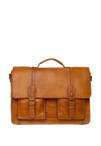 Portafoglio in pelle cuoio con chiusura a pattina, due tasche anteriori e finiture color oro. Include una maniglia superiore per un trasporto facile.