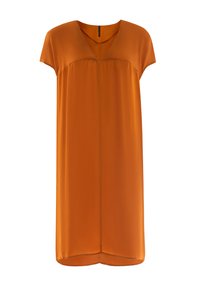 Abito arancione a maniche corte, realizzato in tessuto morbido con scollo a V, vestibilità ampia e lunghezza fino al ginocchio. Design semplice senza motivi o dettagli visibili.