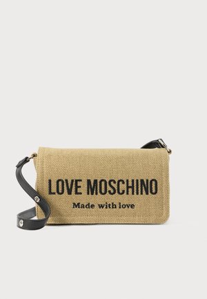 Bež bež torbica čez ramo z črnim nastavljivim trakom, na sprednji loputi z izrazitim črnim napisom "LOVE MOSCHINO Made with love".