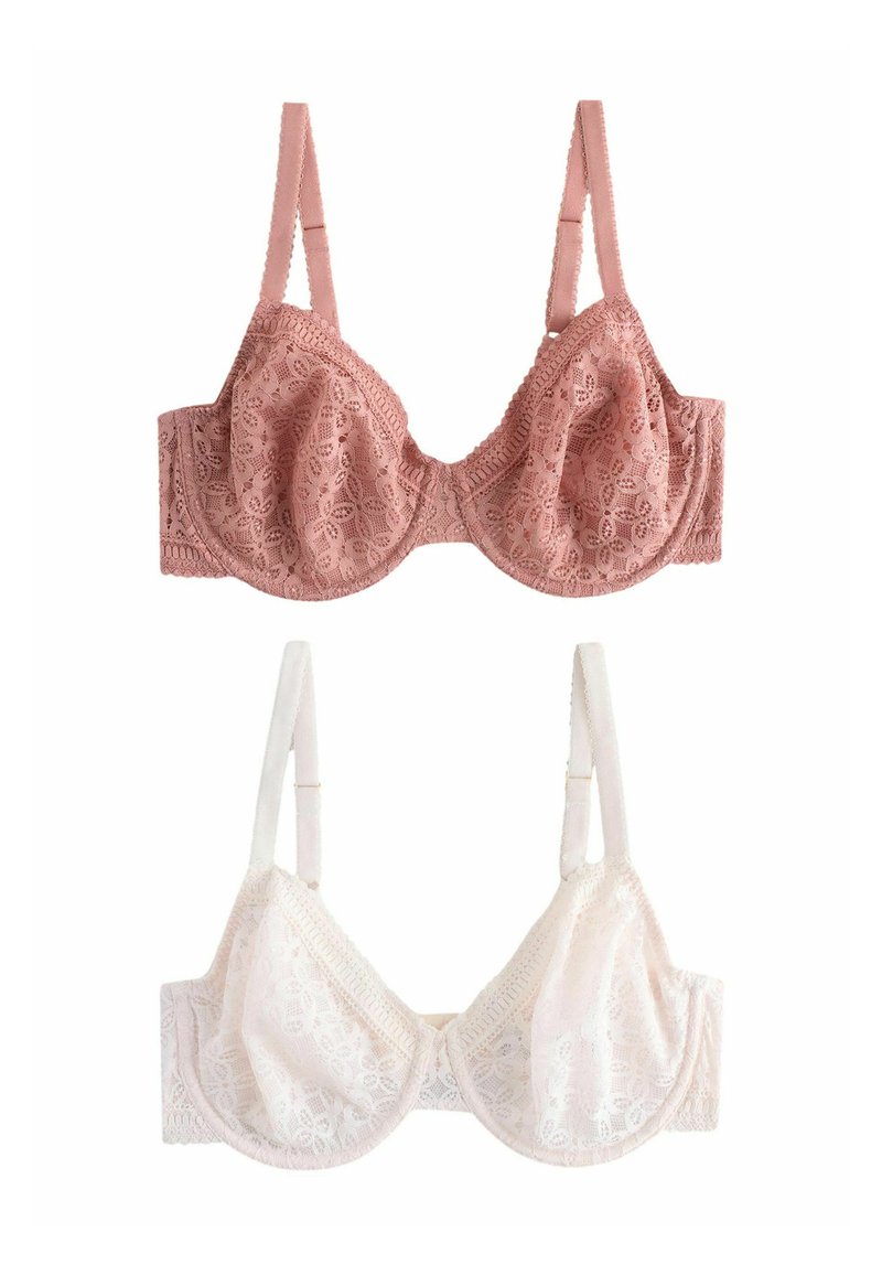 Set di reggiseni che comprende un reggiseno in pizzo rosa e un reggiseno in pizzo bianco, entrambi con ferretto, motivi floreali, spalline regolabili e bordi ondulati.