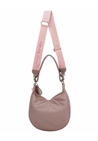 Borsa a tracolla rosa chiaro con una forma morbida e rotonda, caratterizzata da piccoli motivi a stella e una tracolla rimovibile con l'etichetta "Hello Kitty."