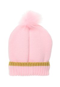 Berretto lavorato a maglia rosa con un pom-pom soffice sulla sommità e una fascia dorata glitterata in fondo. Texture morbida con bordi a coste.