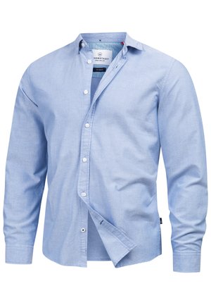 Hellblaues Button-Down-Hemd aus Baumwolle mit klassischem Kragen, langen Ärmeln und dezentem gesticktem Logo auf der Brust.