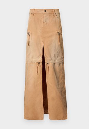 Beige long cargo skirt with front zipper pockets, button closure, belt loops, and a central front slit extending from mid-thigh to hem.