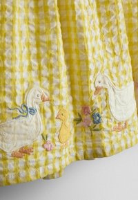 Dzeltena un baltā ginghama audums ar izšūtiem baltiem pīlēniem, dzeltenu pīlēnu un mazām rozā un zilām puķītēm apakšmalā.