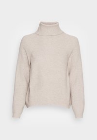 Maglione beige a collo alto con una texture a coste, caratterizzato da una vestibilità rilassata, maniche raglan e un delicato dettaglio di cucitura verticale.
