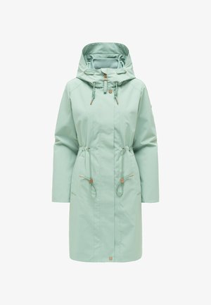 Długi płaszcz przeciwdeszczowy w miętowym zielonym kolorze z regulowanym kapturem, zamkiem z przodu, ściągaczem w talii i dwoma bocznymi kieszeniami na guziki.