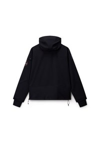 Giacca nera con cappuccio, maniche lunghe, polsini, coulisse con zip all'orlo e una tasca piccola con patta a bottone sulla manica sinistra.