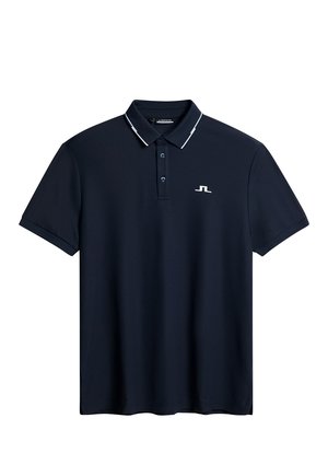 Granatowa koszulka polo wykonana z gładkiego materiału, z kołnierzykiem z białymi akcentami, trzema guzikami i małym logo na lewej piersi.