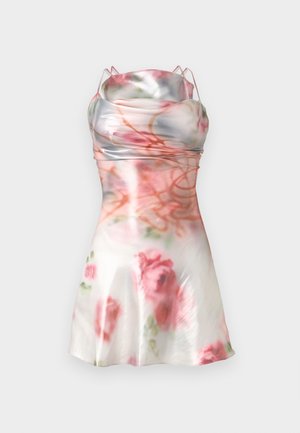 Minikleid mit Blumenmuster aus irisierendem Satin, mit tailliertem Oberteil, dünnen Schulterträgern und ausgestelltem Rock.