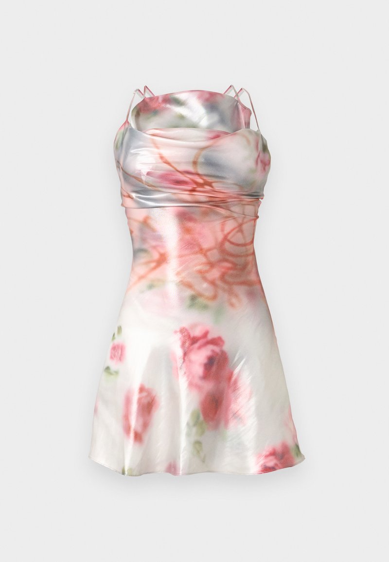 Floral-patterned mini dress in iridescent satin fabric, featuring a fitted bodice, thin shoulder straps, and flared skirt.