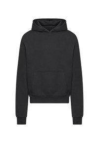 Zwarte hooded sweatshirt met een voorzak, geribde manchetten en een ontspannen pasvorm. Gemaakt van zachte materialen met een gladde textuur.