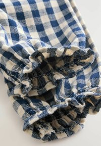 Blaue und weiße Gingham-Stoff mit einem gefransten Rand. Die Textur wirkt weich mit einem gewebten Muster aus abwechselnden Quadraten.