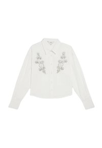 Camicia bianca a maniche lunghe con bottoni, caratterizzata da ricami floreali in argento sul davanti, colletto classico e design corto.