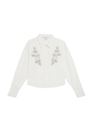 Camicia bianca a maniche lunghe con bottoni, caratterizzata da ricami floreali in argento sul davanti, colletto classico e design corto.