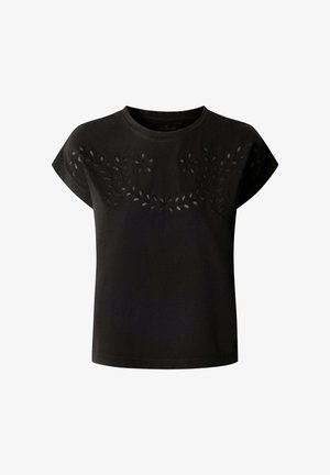 Haut noir à manches courtes avec un col rond, orné d'une broderie délicate de fleurs et de feuilles sur la poitrine.