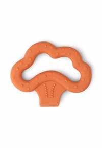 Silicone teether in orange, shaped like a mushroom with textured surfaces and raised dots for grip, featuring a sturdy base.