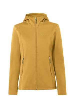 Giacca in pile gialla con zip frontale, cappuccio e due tasche laterali. Presenta una texture liscia e un accento di logo minimale sul petto.