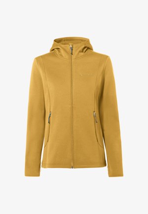 Giacca in pile gialla con zip frontale, cappuccio e due tasche laterali. Presenta una texture liscia e un accento di logo minimale sul petto.